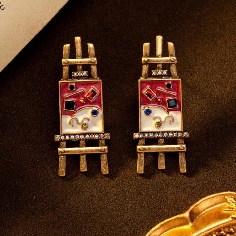 Artist’s Easel Painting Enamel Earrings Stone Vintage Style Antiqued Gold NEW